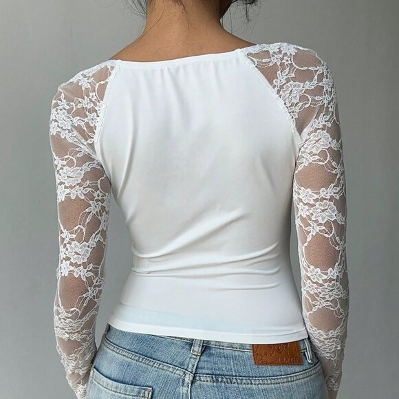 White Casual Women's Lace T-Shirt - Picture 2 of 6